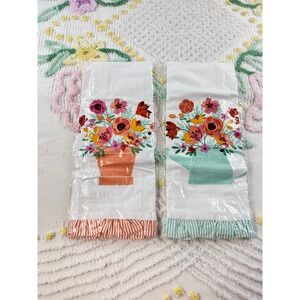 Twos Company Floral Tea Towels Set of 2 Cotton Ruffle Watering‎ Can Pot White